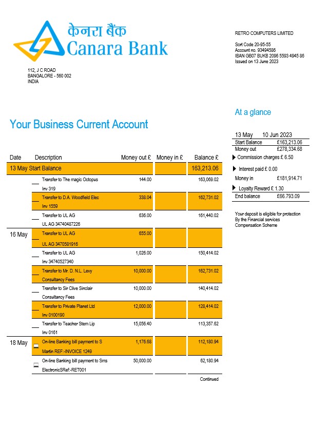 Modèle Word et PDF de relevé de compte courant d'entreprise de Canara Bank